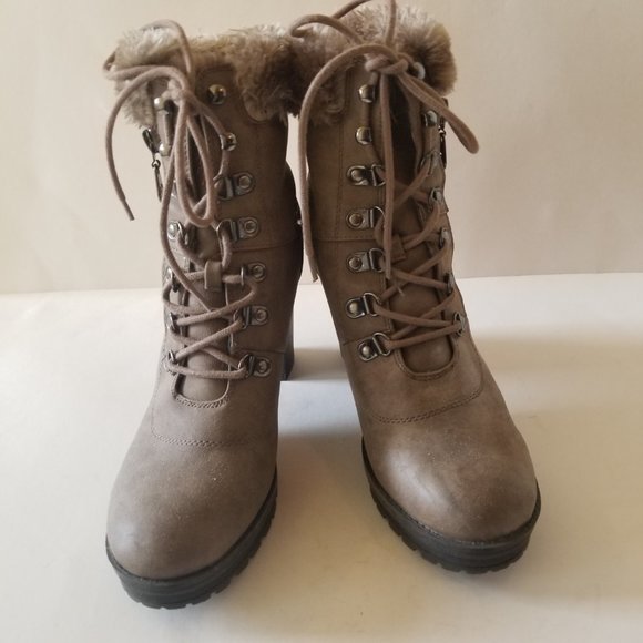 G by Guess Taupe Lace Up Faux Fur Heeled Boots w/ Zipper  size 9 - Picture 3 of 10